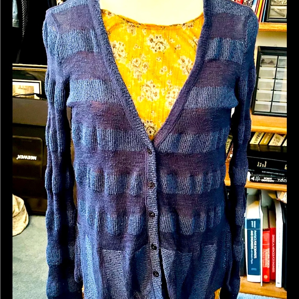 SPLENDID Open Knit PEPLUM Navy & Sea Blue Trapeze Cardigan Sweater, Medium